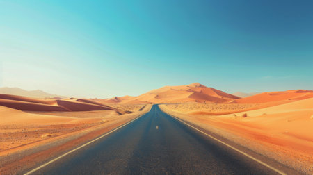 A deserted road through a dramatic desert landscape with sand dunes and a clear blue sky, highlighting the vastness and isolationの素材