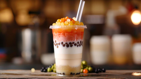 A detailed view of a bubble tea cup with a straw, showing the layers of tea, milk, and tapioca pearls.の素材