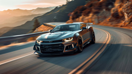 A car with a custom hood scoop and upgraded headlights, driving on a winding road with a dynamic angleの素材