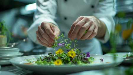 A chef garnishing a plate of gourmet food with edible flowers and microgreens, ready for fine dining.の素材