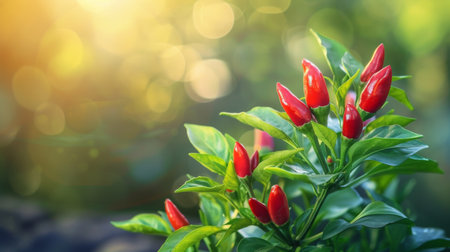 A close-up of a chili pepper plant with ripe red peppers and green leaves, showcasing the fresh source of spicy ingredients.の素材