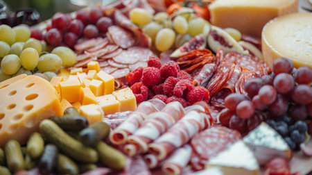 A close-up of a beautifully arranged charcuterie board with an assortment of cheeses, meats, and fruitsの素材