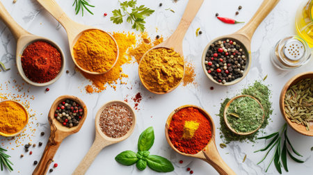 A colorful array of ground spices and whole herbs spread out on a kitchen counter, with wooden spoons and measuring cups.の素材