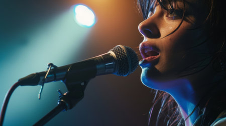 A close-up of a face while passionately performing into a microphone, with intense stage lighting highlighting their expressionの素材