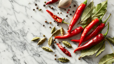 A detailed shot of whole chili peppers, cardamom pods, and bay leaves on a marble countertop, highlighting their textures.の素材