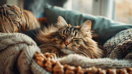 A fluffy cat napping in a basket surrounded by soft pillows, with a serene and relaxed expression.の素材