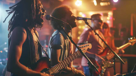 A group of musicians singing together into microphones during a live band performance, with a lively audience in the background.の素材