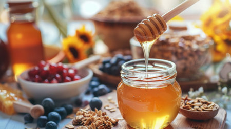 A health-focused scene with honey in a glass jar, along with a bowl of granola and fruit, emphasizing nutritious eating.の素材