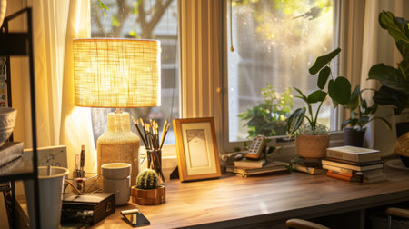 A home office desk with a warm, inviting setup including a lamp, desk organizer, and a personal photo frame, creating a cozy work nook.の素材