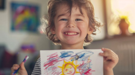 A joyful moment of a child proudly showing their completed drawing, with a bright smile and creative artwork.の素材