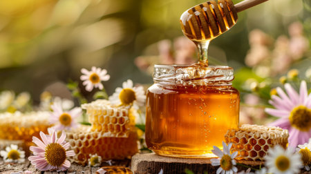 A jar of golden honey with a wooden dipper, surrounded by honeycomb and fresh flowers, highlighting the natural beauty of the product.の素材
