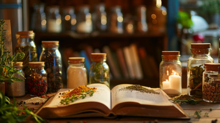 A kitchen scene with an open cookbook, surrounded by jars of spices and herbs used for preparing a flavorful recipe.の素材