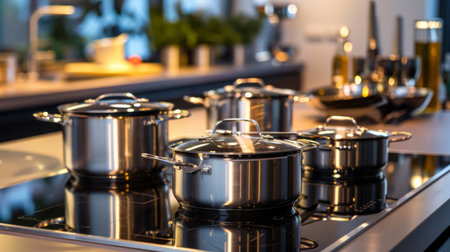A high-end kitchen with sleek, stainless steel pots and pans arranged on a modern stovetop.の素材