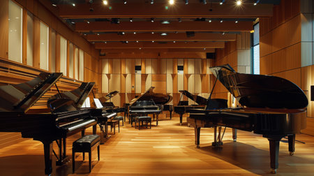 A modern piano studio with multiple pianos, music stands, and recording equipment, illustrating a professional music environment.の素材