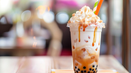 A refreshing glass of bubble tea with brown sugar pearls, topped with whipped cream and a colorful straw.の素材