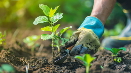 A person planting a young sapling in a garden, using a trowel and wearing gardening gloves, with a focus on the soil and plant.の素材