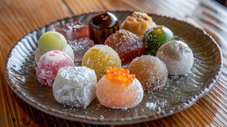 A plate of traditional Japanese mochi with various flavors and fillings, arranged in an aesthetically pleasing way.の素材