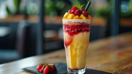 A refreshing smoothie with a layer of fruit puree and a top layer of yogurt, served in a tall glass with a straw.の素材