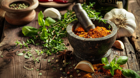 A rustic spice grinder and mortar filled with spices, set on a wooden kitchen table with fresh herbs and garlic.の素材