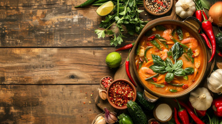 A rustic wooden table with a hot pot of Tom Yum Goong, surrounded by fresh vegetables, herbs, and chili peppers for an authentic look.の素材