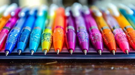 A set of colorful pens arranged neatly on a desk, highlighting their vibrant hues and variety of designs.の素材