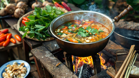 A rustic outdoor setting with a pot of Tom Yum Goong cooking over an open flame, with fresh herbs and vegetables nearby.の素材