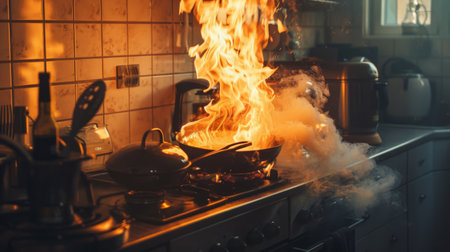 A smoky kitchen with a pan on fire, emphasizing the urgency and need for fire safety measures.の素材