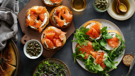 A stylish breakfast spread with bagels topped with cream cheese, smoked salmon, and capers, served with a side of fresh greens.の素材