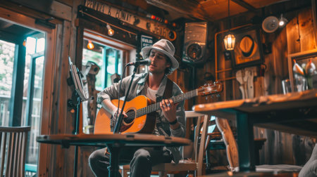 A solo acoustic artist performing with a microphone and guitar, set against a rustic, intimate venue backdrop.の素材