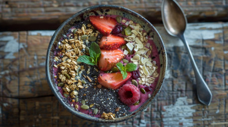 A smoothie bowl with a vibrant topping of fresh fruits, nuts, and seeds, set on a wooden table with a spoon on the side.の素材