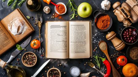 A top-down view of a kitchen counter covered with cooking ingredients, utensils, and a recipe bookの素材