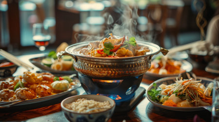 A Thai restaurant setting with a steaming pot of Tom Yum Goong at the center of a table surrounded by other Thai dishes.の素材