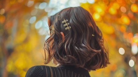 A teenager hair styled with trendy, metallic hair clips for a modern and fashionable look, with a bright and lively background.の素材