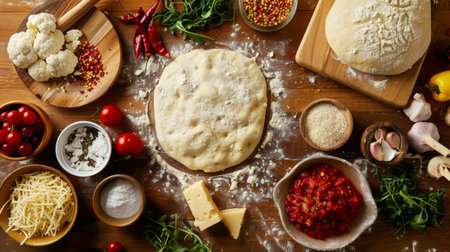 A vibrant spread of ingredients for a homemade pizza, including dough, cheese, vegetables, and toppings.の素材