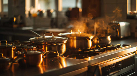 A well-lit kitchen with a selection of modern pots and pans, including a Dutch oven pan, and saucepans.の素材