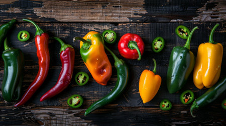 A variety of chili peppers, including and habaneros, displayed on a rustic wooden table for a colorful and spicy lookの素材