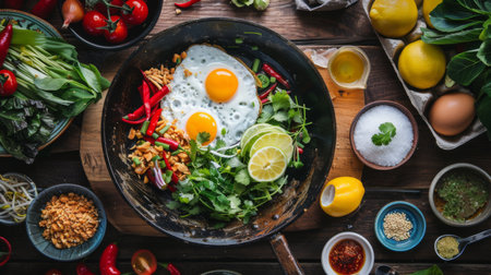 A vibrant Thai breakfast spread featuring a pan of fried eggs with a variety of accompaniments like pickled vegetables and dipping sauces.の素材