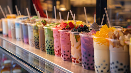 A variety of bubble tea flavors and toppings displayed on a counter, including classic milk tea and fruity options.の素材