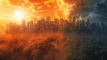 A visual of an urban heat island effect with a city significantly warmer than surrounding rural areas due to global warming.の素材