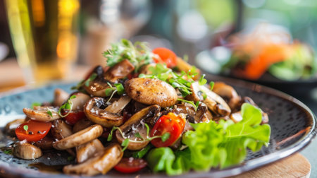 A vibrant dish featuring mushrooms as the main ingredient, served on a plate with fresh greens and a garnish.の素材