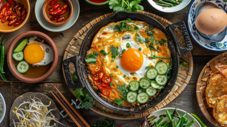 A vibrant Thai breakfast spread featuring a pan of fried eggs with a variety of accompaniments like pickled vegetables and dipping sauces.の素材