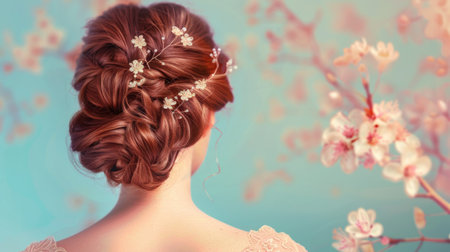 A woman with an elegant, wavy updo, adorned with decorative pins or flowers for a special occasion.の素材