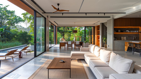 An open-concept minimalistic living area with large glass doors leading to an outdoor space, creating a seamless flow.の素材