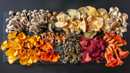 An assortment of exotic mushrooms with unique shapes and colors displayed on a black slate board.の素材
