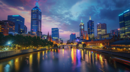 A vibrant city skyline with iconic skyscrapers illuminated at dusk, with lights reflecting off nearby water bodies.の素材