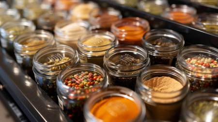 Close-up of a spice rack filled with neatly labeled jars of various spices and seasonings, organized and easy to access.の素材