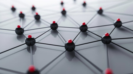 3D network graph with interconnected nodes, representing business partnerships and collaborations.の素材