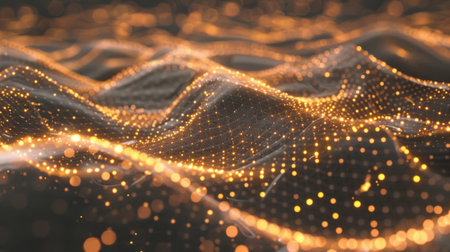 A 3D abstract mesh of interconnected points and lines with a glowing effect.の素材