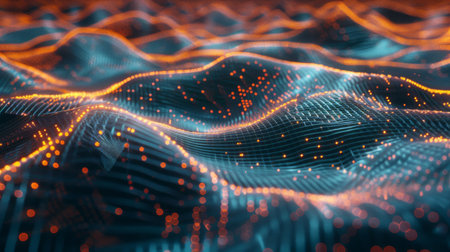 A 3D abstract mesh of interconnected points and lines with a glowing effect.の素材