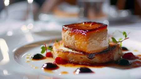 A beautifully presented foie gras dish with a fruit compote and toasted brioche.の素材